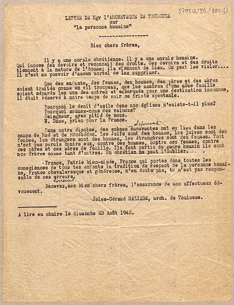 Lettre de l'archevêque Saliège